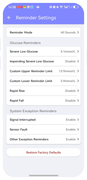 High and low glucose alert configuration on EverChek CGM app